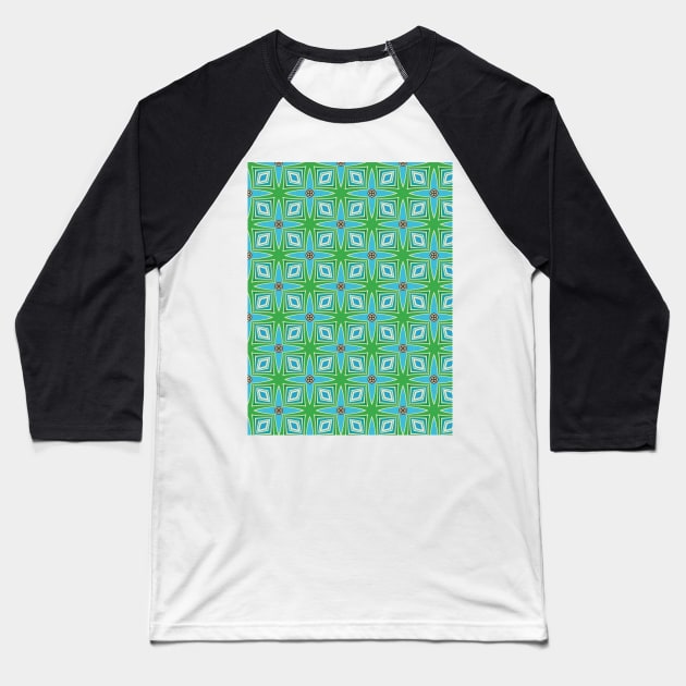 Midcentury style blue and green print Baseball T-Shirt by bettyretro